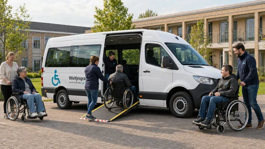 Aangepast busje van VZW Wieltjesgracht met bezoekers ervoor